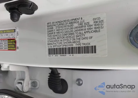 2023 Honda Ridgeline Rtl-E z USA, uszkodzony, nr VIN 5FPYK3F72PB031630